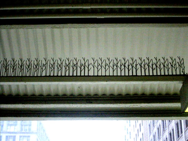 A nice pattern of barbs designed to keep pigeons off the rafters of the 'L' station. Shot with my Canon S200.