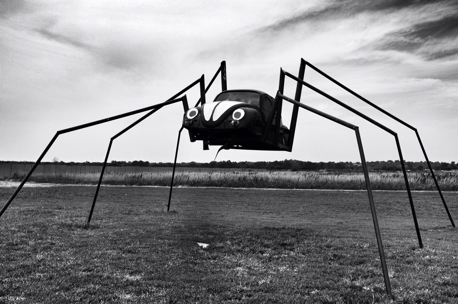 B&W photo of scuplture of a beetle turned into a spider.